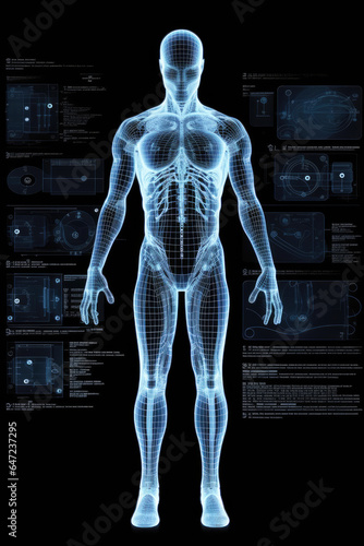 Futuristic scan of a human body with technical data signs
