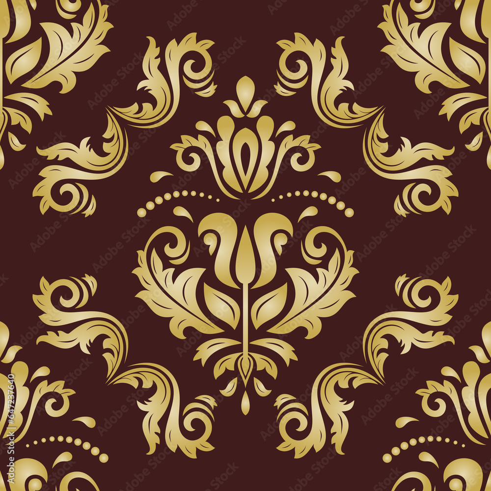 Classic seamless brown and golden pattern. Damask orient ornament. Classic vintage background. Orient ornament for fabric, wallpapers and packaging Classic seamless brown and golden pattern. Damask orient ornament. Classic vintage background. Orient ornament for fabric, wallpapers and packaging