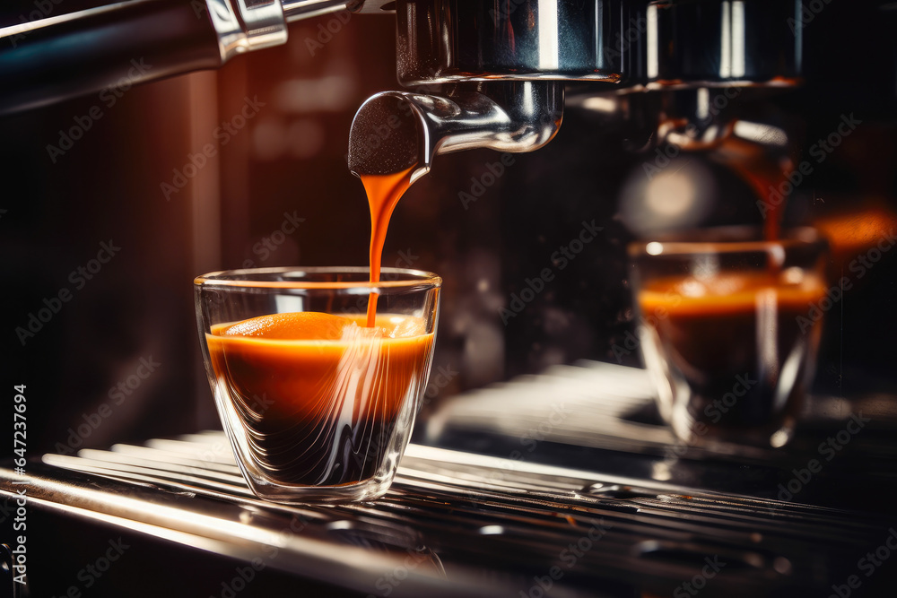 Closeup of an espresso coffee shot being brewed from an espresso machine on a dark background - obrazy, fototapety, plakaty 