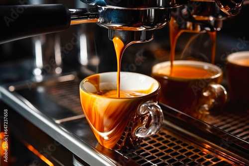 Closeup of an espresso coffee shot being brewed from an espresso machine on a dark background