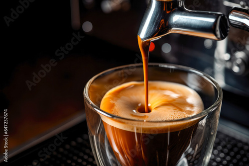 Closeup of an espresso coffee shot being brewed from an espresso machine on a dark background