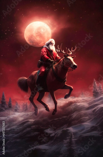 Santa Claus Riding Reindeer in Starlit Sky with a Full Moon