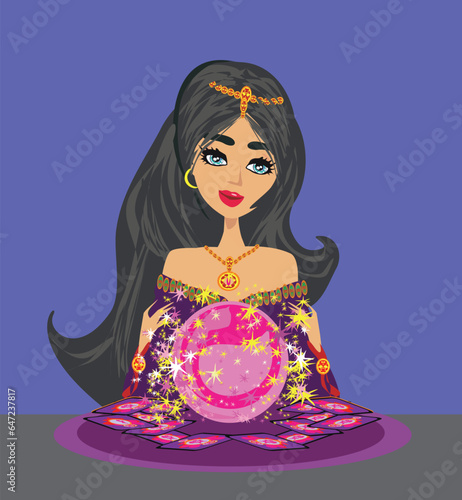 fortune teller woman reading future on magical crystal ball