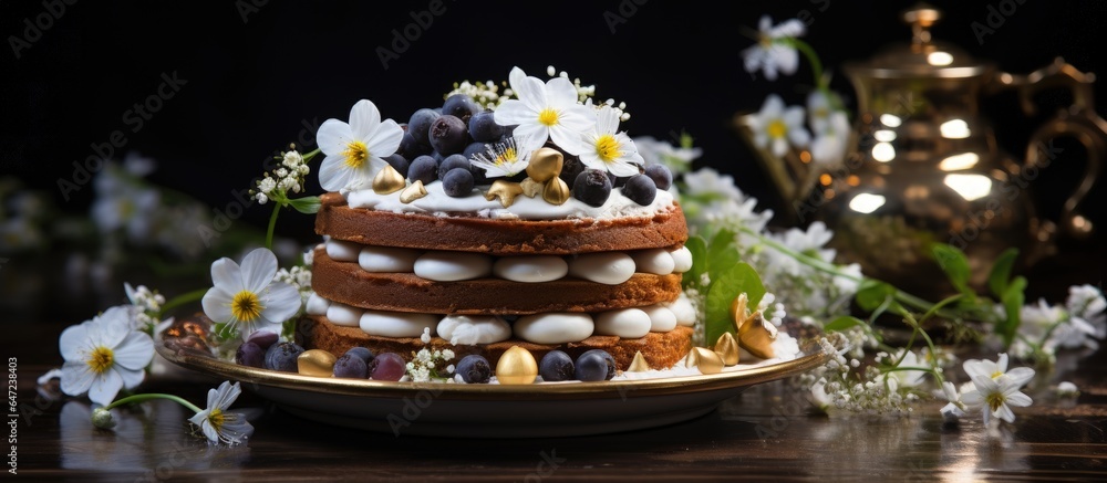 Baking a delightful Easter cake with tasty filling adorned with quail eggs flowers and placed on a beautiful table with dishes Baking a delightful Easter cake with tasty filling adorned with quail eggs flowers and placed on a beautiful table with dishes