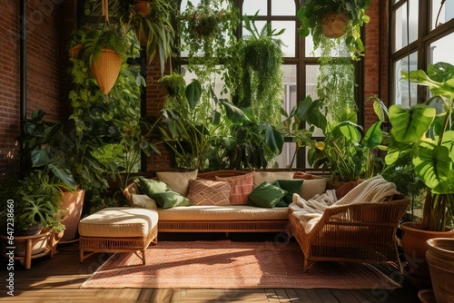 A sunny space with wicker seating and greenery. Generative AI