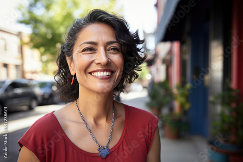 Portrait of a mature woman with gray hair smiling on the street next to the shops