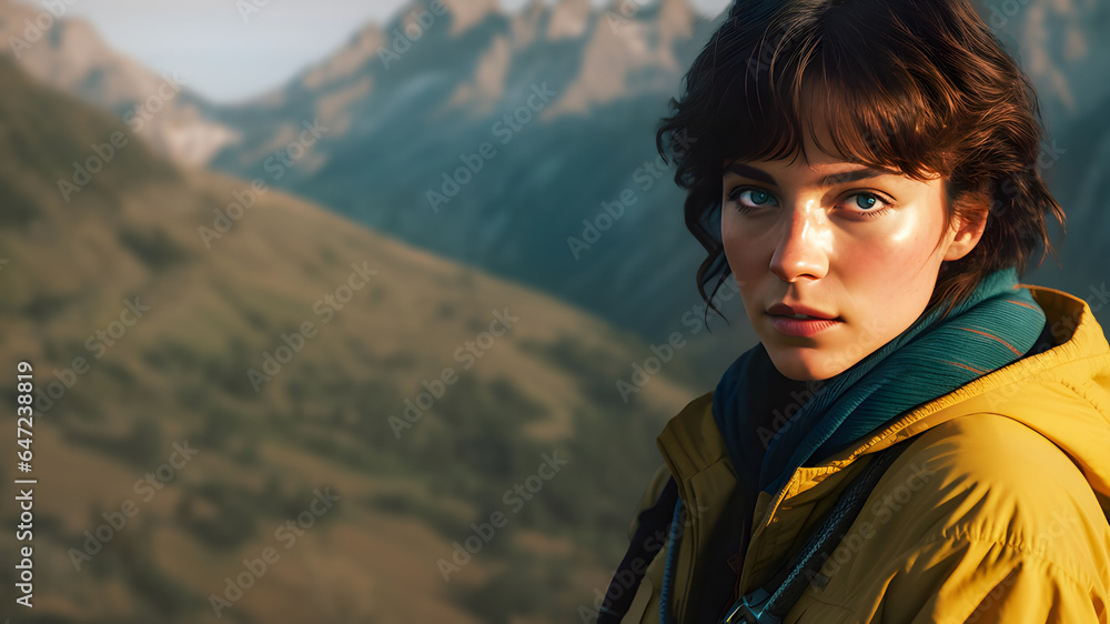 profile portrait of a natural Beaty young woman, hiking in the mountains