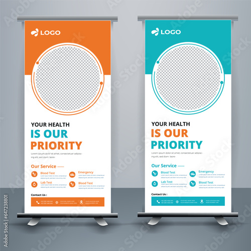 Modern healthcare and medical roll up design for hospital doctor clinic dental. standing banner template decoration for exhibition, printing, presentation, elegant layout.