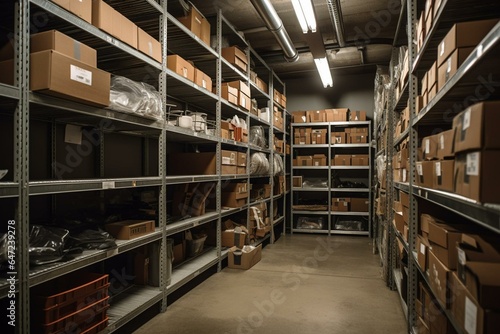 Items stored on racks in storage facility. Generative AI © Cressida