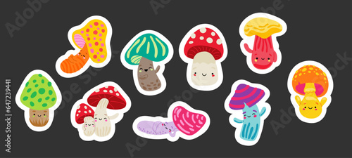 Cute mushrooms characters. Sticker Bookmark. Forest wild fungus in cartoon style. Vector drawing. Collection of design elements.