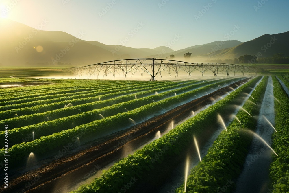 Sunlit automated irrigation on farm field. Generative AI