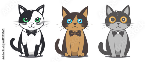 Vector set of sitting funny cute cartoon colored kittens with bow ties. Cats are pets. White isolated background.