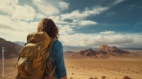 A woman with a backpack looking out over the desert.