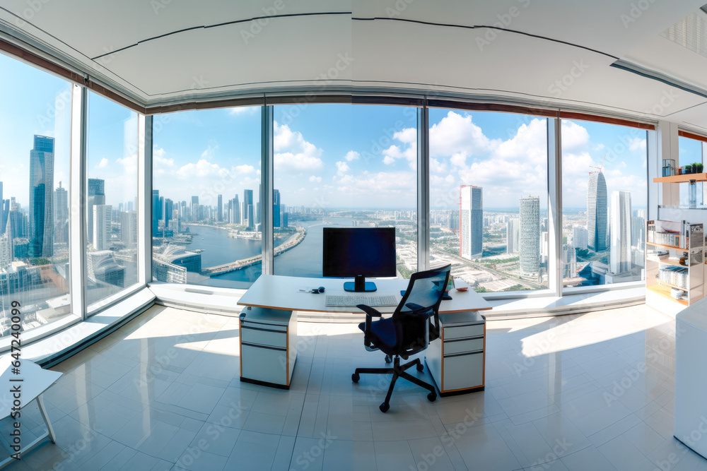 Wide panorama view inside office in skyscraper, nobody