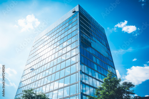 A corporate skyscraper, sleek and modern downtown architecture, view from the bottom up