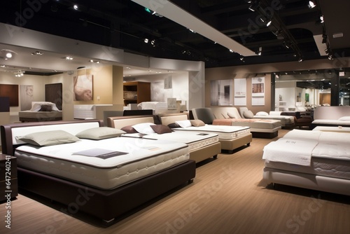 Interior exhibiting trendy and contemporary furniture, including mattresses and beds. Generative AI