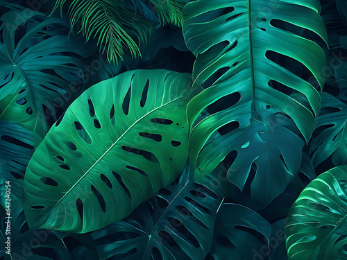 Tropical leaf forest glow in the dark background AI Generated