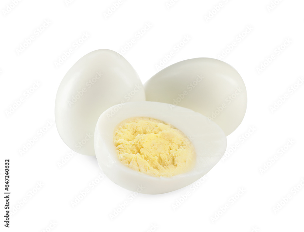 Peeled hard boiled quail eggs on white background Peeled hard boiled quail eggs on white background