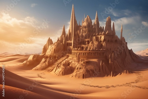 Illustration  Sand castle rebuilt from ruins of sand snake hometown in a sci-fi setting with a fantastic realistic style. Generative AI