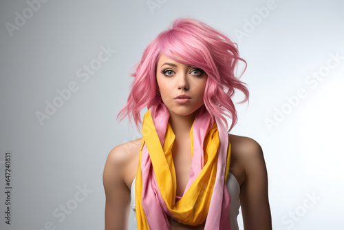 Young fashion designer with pink hair, posing and presenting a scarf collection made from various colored fabric strips against a light background.