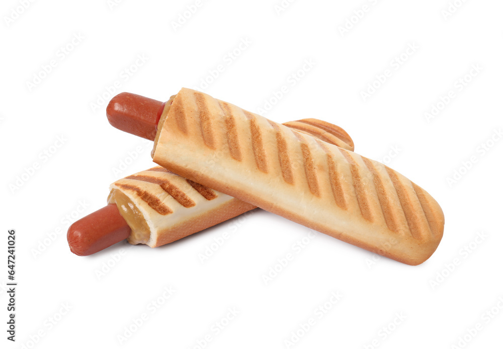 Tasty french hot dogs with mustard and ketchup isolated on white Tasty french hot dogs with mustard and ketchup isolated on white
