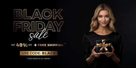 Black Friday banner with attractive model. Promotion, Advertisement, sale. 3d illustration. 40% OFF