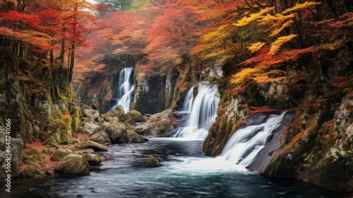 The vibrant hues of autumn foliage and the captivating Ryuzu Waterfall, also known as Dragon Head Waterfall, located within Nikko National Park in Nikko, Tochigi, Japan.