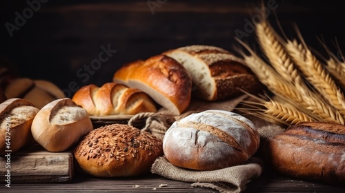 Different kinds of bread with nutrition whole grains on wooden background. Food and bakery in kitchen concept. Delicious breakfast gouemet and meal.