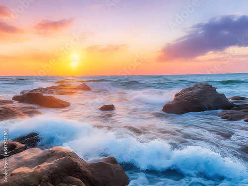 Waves and rocks on beach of sunset AI Generated