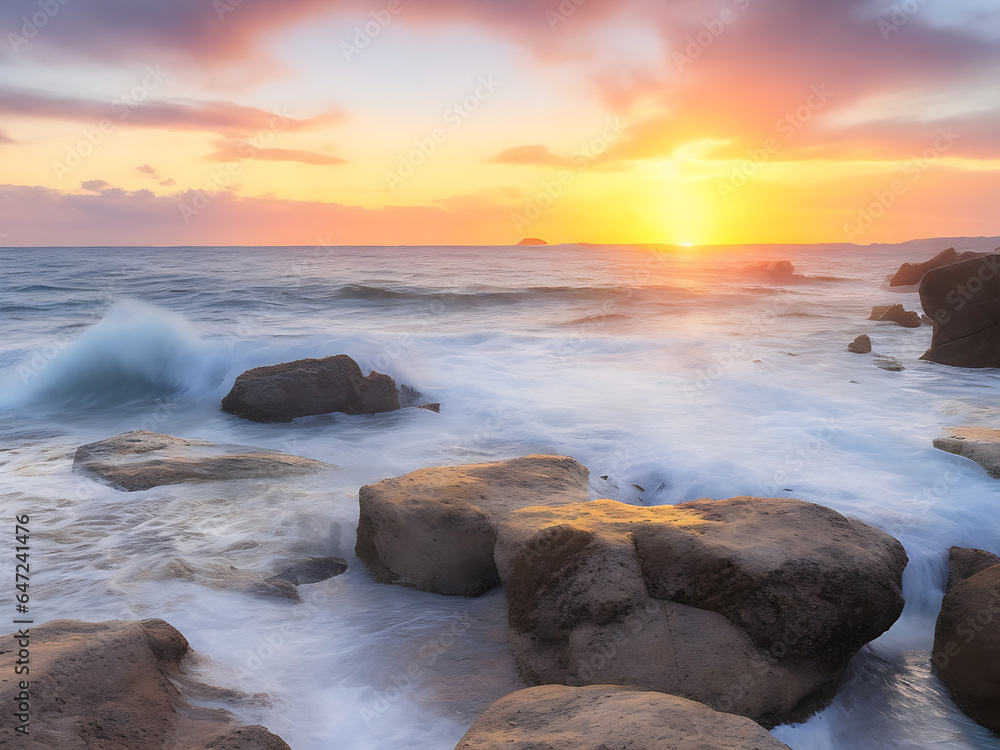 Waves and rocks on beach of sunset AI Generated