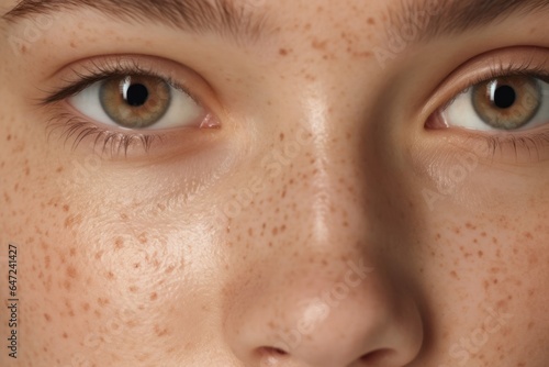 Young girl, no makeup, eyes and bushy eyebrows, close up face, natural healthy freckled skin, macro. Natural beauty. Pigmented skin, freckles, body positive, self care, skin care, vision.
