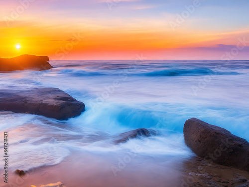 Waves and rocks on beach of sunset AI Generated