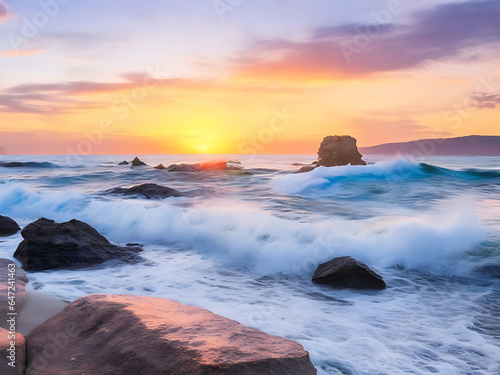 Waves and rocks on beach of sunset AI Generated