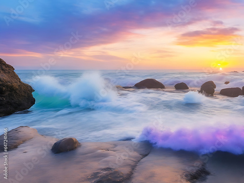 Waves and rocks on beach of sunset AI Generated
