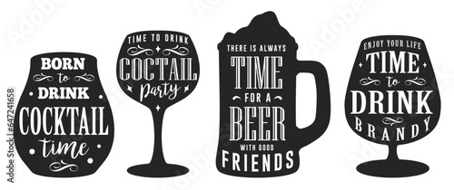 Alcoholic drinks set stickers monochrome