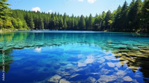 The landscape of 'Kaminokoike,' a renowned pond celebrated for its crystal-clear waters and the mesmerizing azure radiance of its lakebed, situated within the tourist region