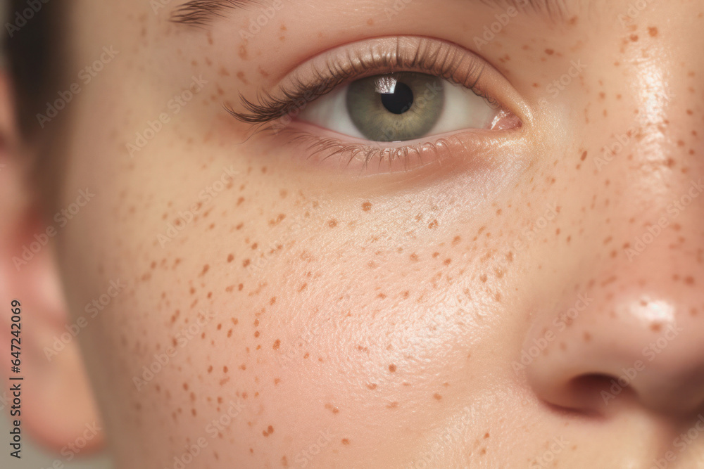 Obraz premium Young girl without makeup, closeup eye, cropped part of face and healthy freckled skin, macro. Pigmented skin, freckles, body positive. Healthy glow, self care, self care, skin care.