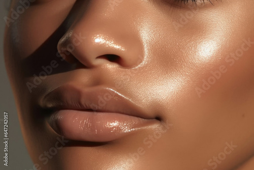 Close up of beautiful lips. Perfect black skin and plump lips with natural makeup. Part of face. Highlighter, shimmer, bronzer. Make up concept.  Beautiful African-American woman.