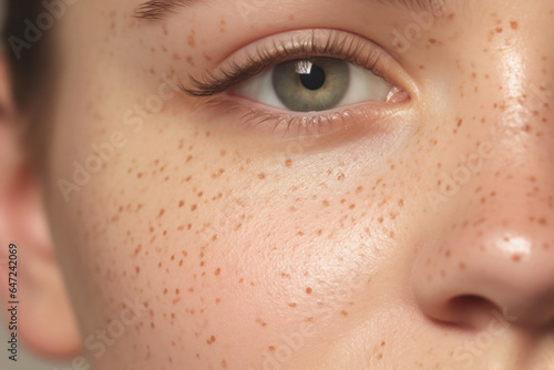 Young girl without makeup, closeup eye, cropped part of face and healthy freckled skin, macro. Pigmented skin, freckles, body positive. Healthy glow, self care, self care, skin care.