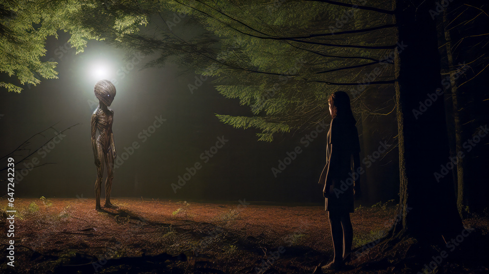 extraterrestrial alien encounter with a woman in a forest at night - alien invasion concept