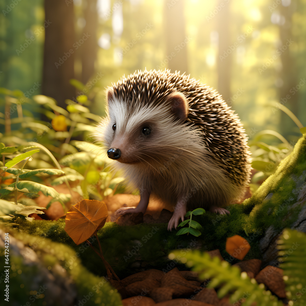 Fototapeta premium Cute adult hedgehog in summer or autumn forest. hedgehog in the wood