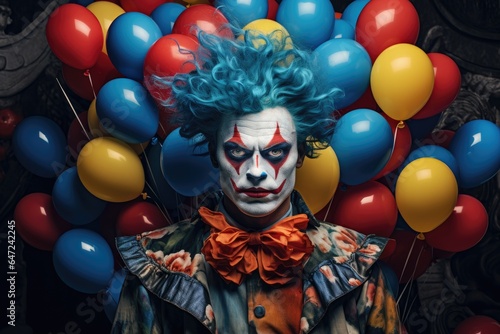 A clown with blue hair and a clown mask