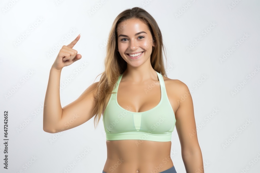 Portrait of a smiling sportswoman in green sportswear showing her biceps isolated on a white background and Looking at the camera. Portrait of a smiling sportswoman in green sportswear showing her biceps isolated on a white background and Looking at the camera.