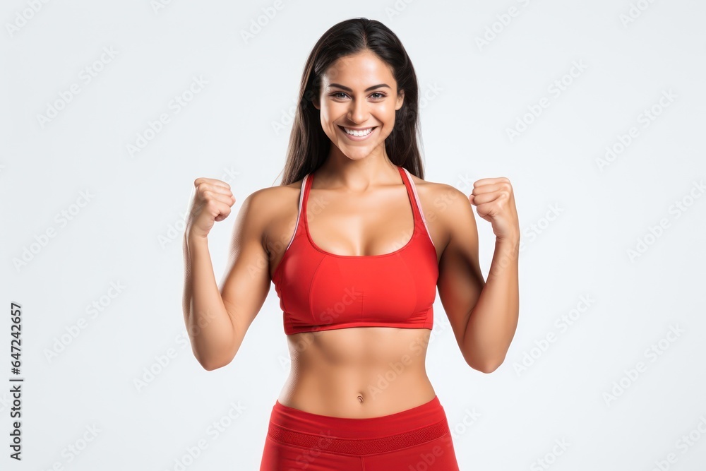Portrait of a smiling sportswoman in red sportswear showing her biceps isolated on a white background and Looking at the camera. Portrait of a smiling sportswoman in red sportswear showing her biceps isolated on a white background and Looking at the camera.