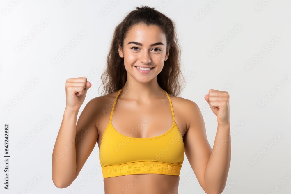 Portrait of a smiling sportswoman in yellow sportswear showing her biceps isolated on a white background and Looking at the camera. Portrait of a smiling sportswoman in yellow sportswear showing her biceps isolated on a white background and Looking at the camera.