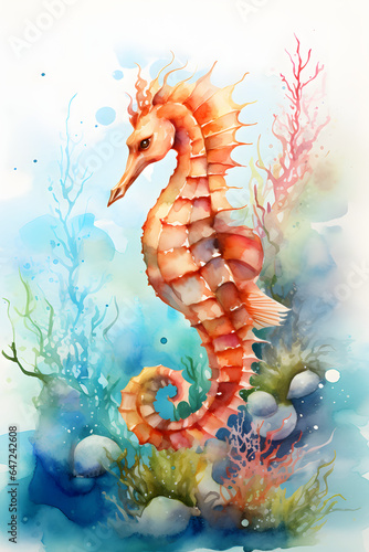 Couverture de livre à l'aquarelle d'un magnifique hippocampe dans l'océan » IA générative