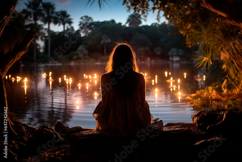 Rear view silhouette of a girl sitting near a lagoon at night