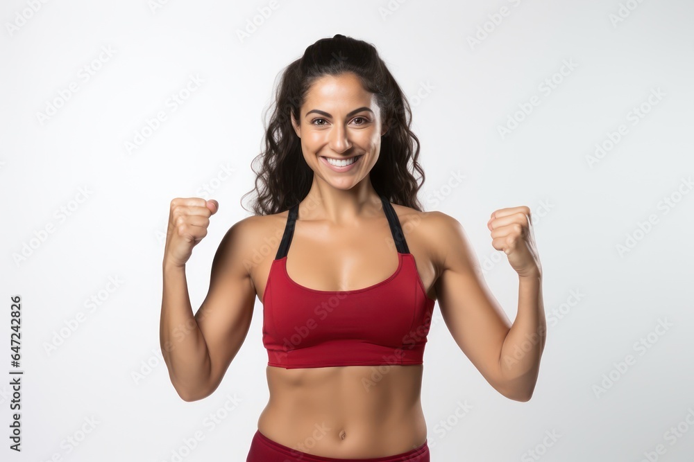 Portrait of a smiling sportswoman in red sportswear showing her biceps isolated on a white background and Looking at the camera. Portrait of a smiling sportswoman in red sportswear showing her biceps isolated on a white background and Looking at the camera.