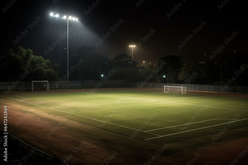 An empty soccer field lit by a single spotlight, accompanied by a lush futsal court for practice. Generative AI - obrazy, fototapety, plakaty 
