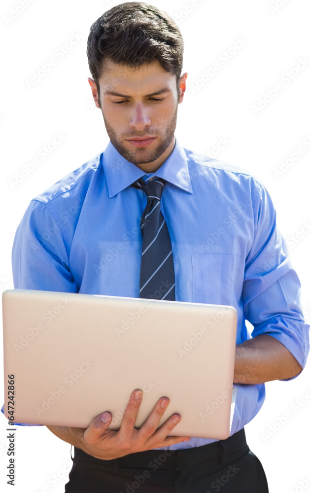 Digital png photo of caucasian businessman with laptop on transparent background Digital png photo of caucasian businessman with laptop on transparent background